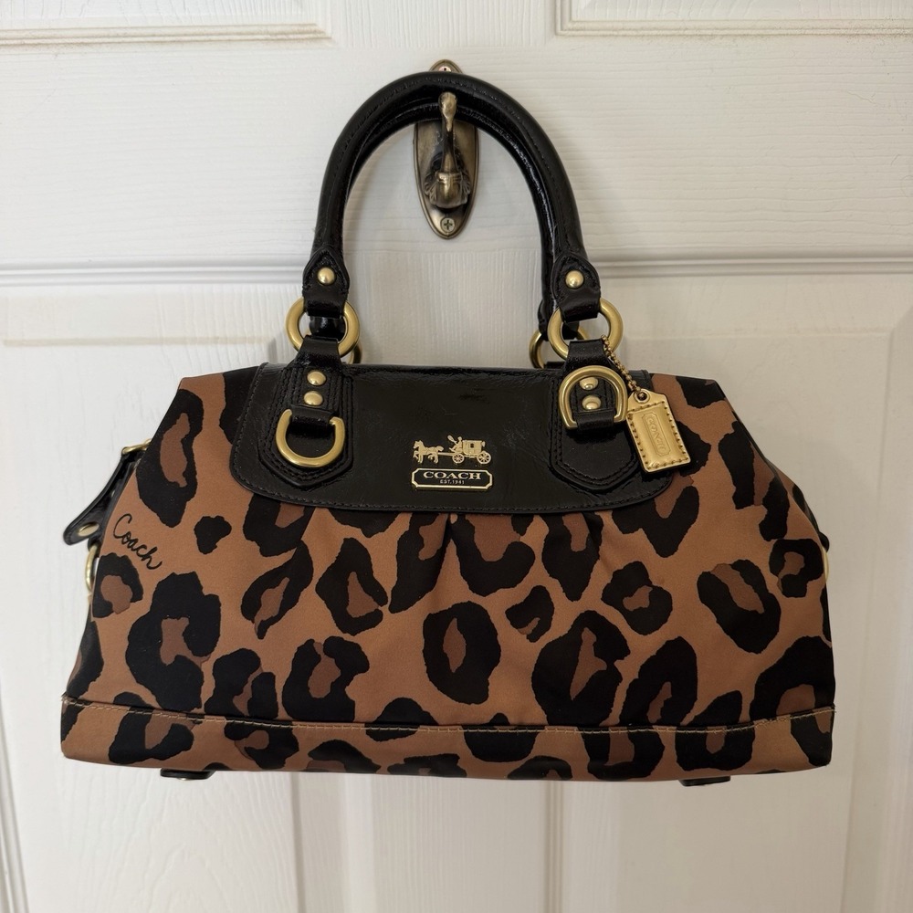 Coach Madison Ocelot Leopard Sabrina Handbag Satin & Patent Leather Y2K Rare VTG